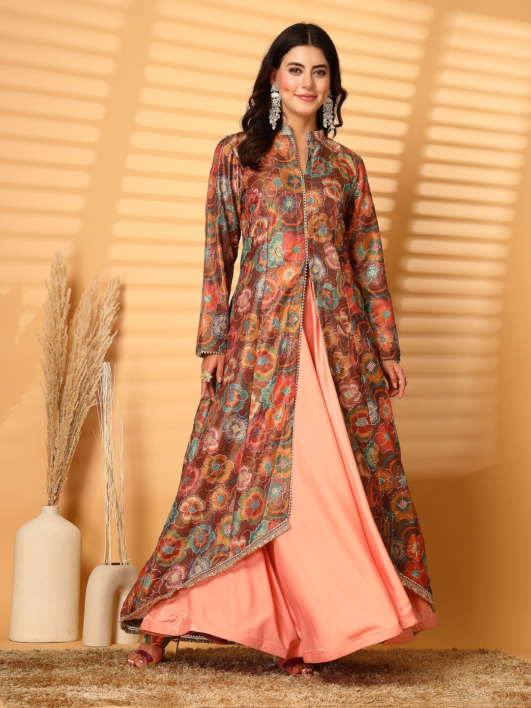 

Clora Creation Floral Printed High Slit Sequinned A-Line Kurta with Skirt, Brown