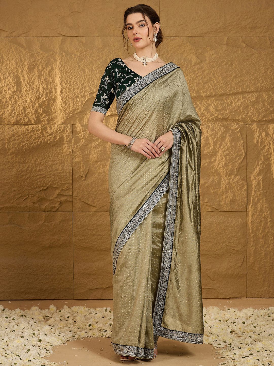 

Anouk Ethnic Motifs Embroidered Silk Blend Saree with Matching Blouse, Olive