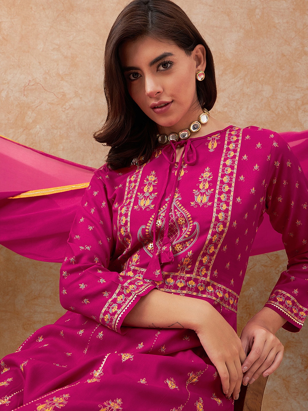 

Sangria Pink Floral Printed Tie-Up Neck A-Line Kurta With Palazzos & Dupatta