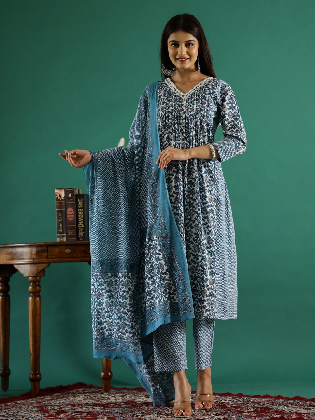 

RangDeep Ethnic Motifs Embroidered Sequinned Pure Cotton Kurta With Trousers & Dupatta, Off white