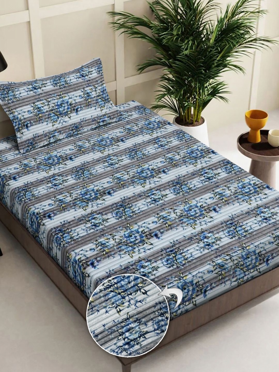 

FABINALIV Grey & Blue Floral 300 TC Single Bedsheet with 1 Pillow Covers 2.20 x 1.50 Mts