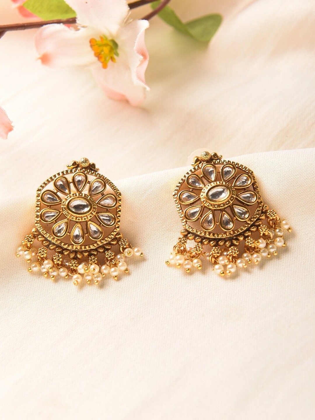 

JAYPORE Gold-Plated Stone Studded & Beaded Contemporary Drop Earrings