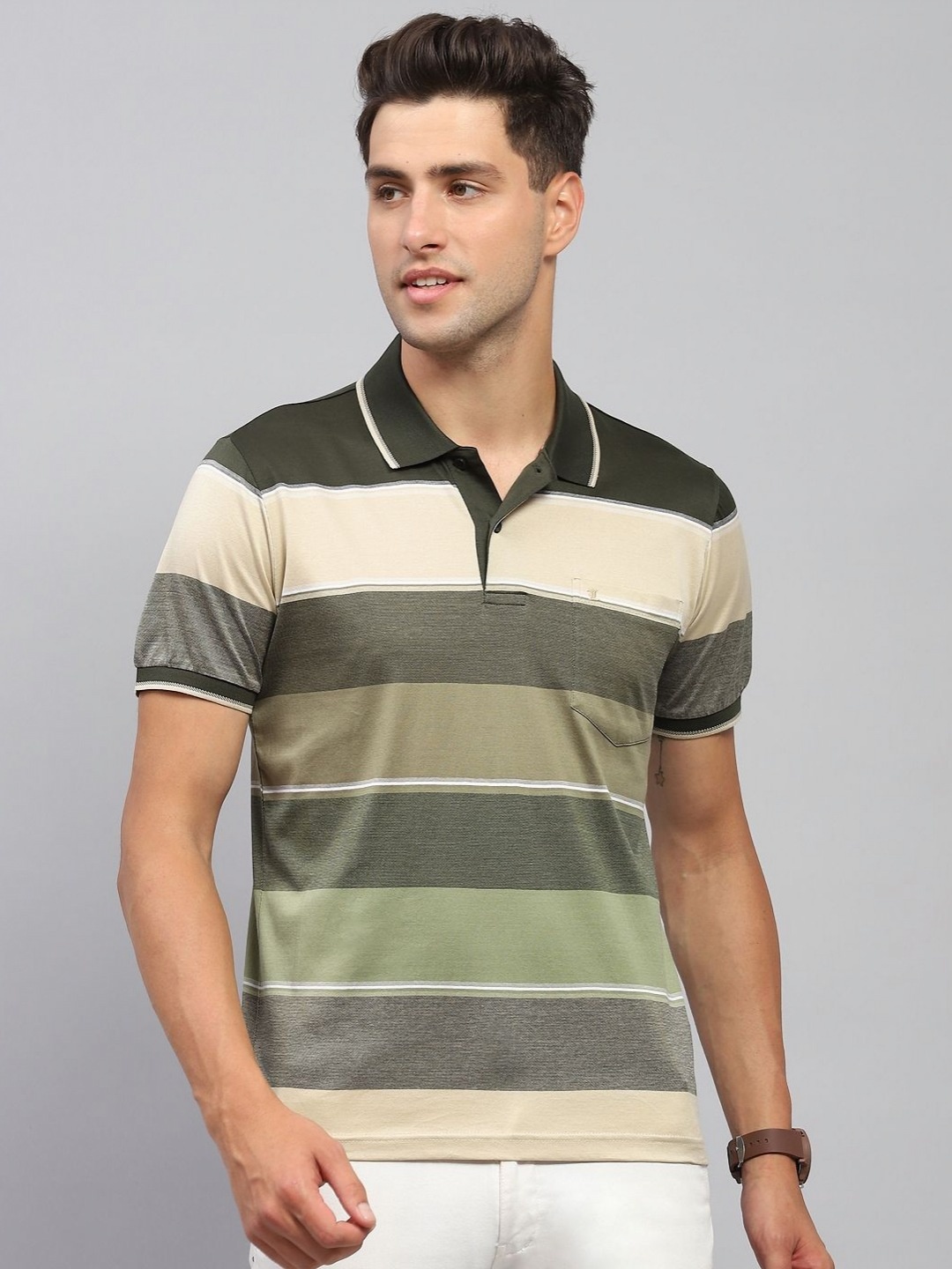 

Monte Carlo Men Striped Polo Collar Cotton T-shirt, Olive