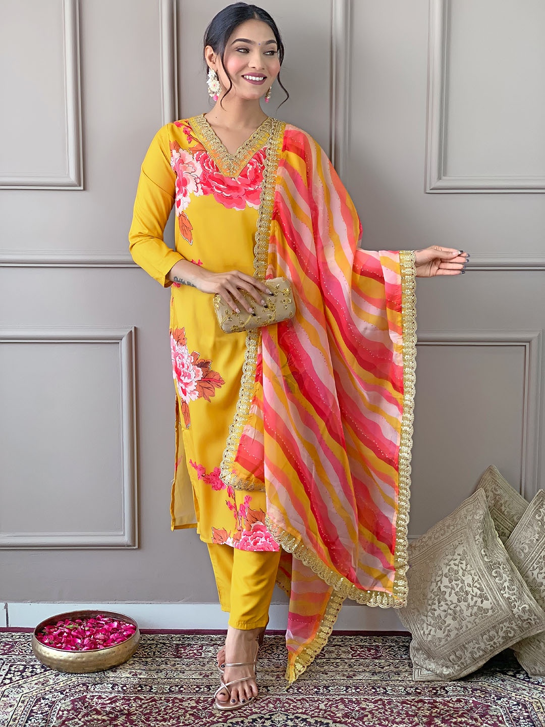 

NIJANAND TEXTILE Floral Printed Thread Work Straight Kurta with Trousers & Dupatta, Yellow