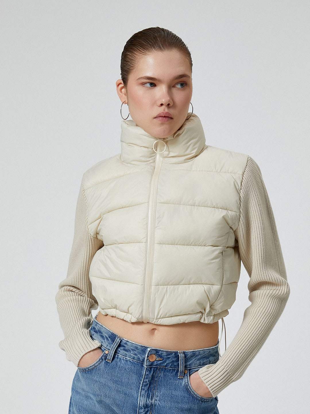 

Koton Women Mock Collar Solid Casual Puffer Jacket, Cream