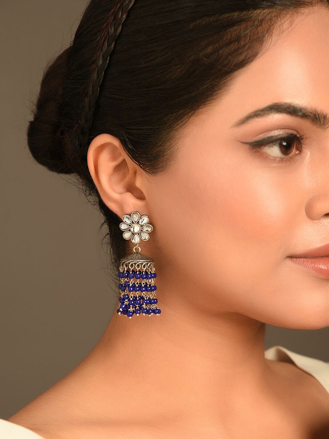 

JAYPORE Silver Plated Stone Studded & Beaded Dome Shaped Jhumkas