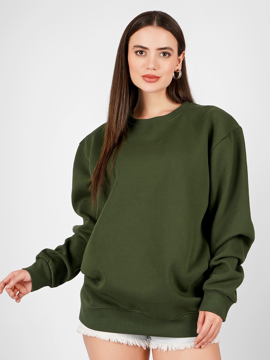 

MIMID Women Round Neck Relaxed Fit Sweatshirt, Olive