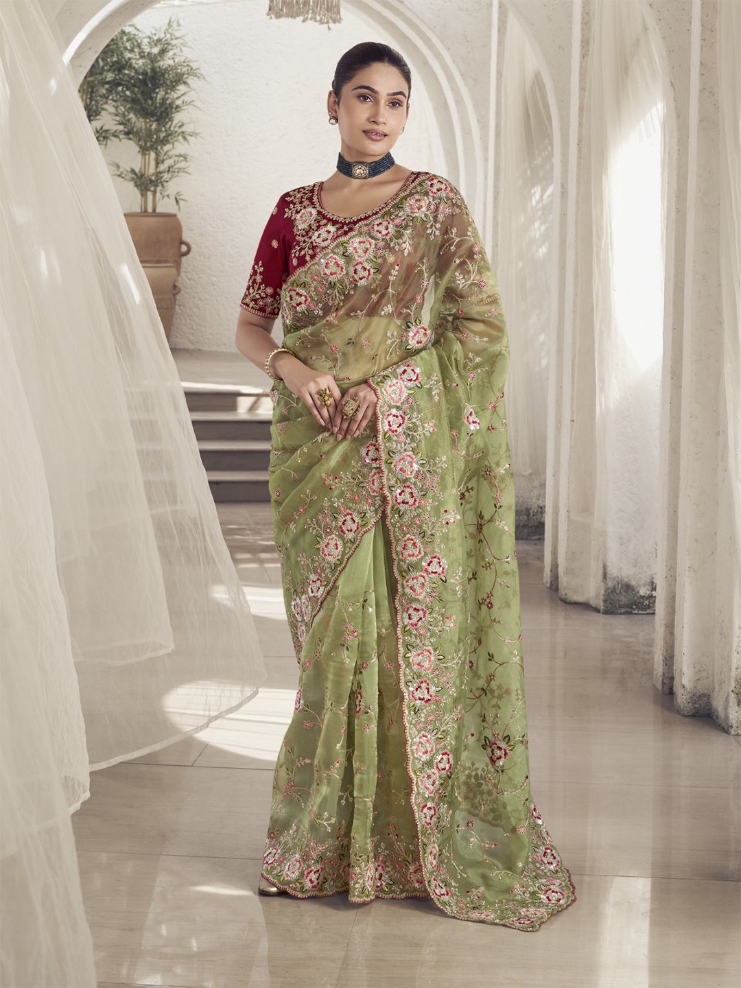 

ODETTE Embellished Embroidered Poly Georgette Saree, Olive