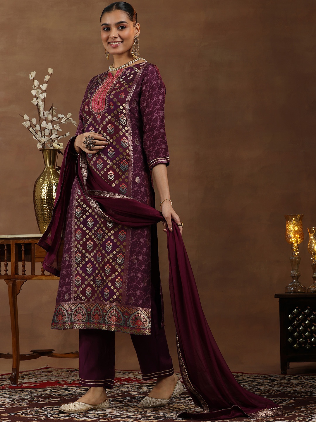 

Libas Floral Woven Design Gotta Patti Straight Kurta With Trousers & Dupatta, Burgundy