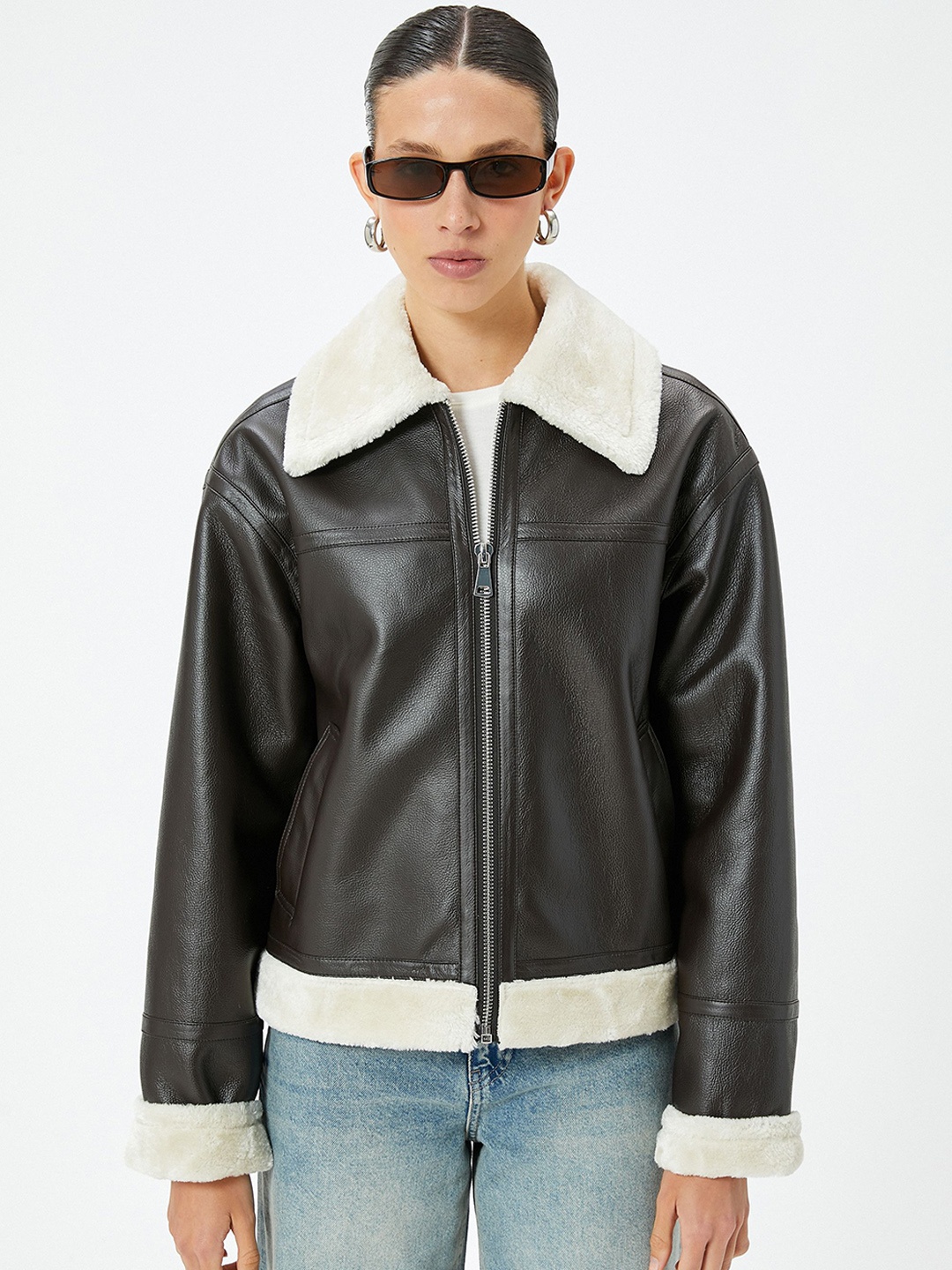 

Koton Women Spread Collar Solid Casual Open Front Jacket, Black