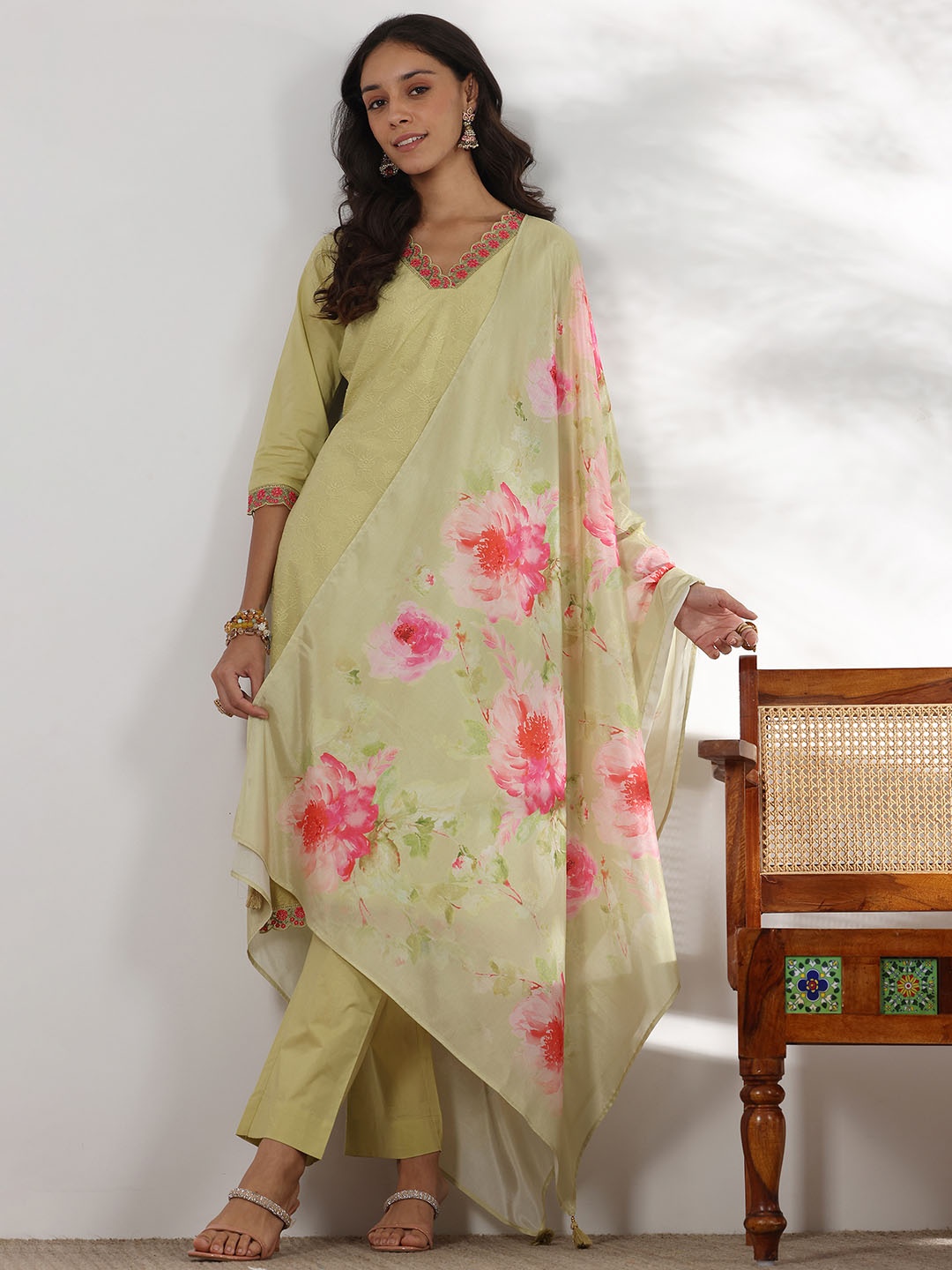 

Libas Floral Embroidered Thread Work Pure Cotton Straight Kurta With Palazzos & Dupatta, Green