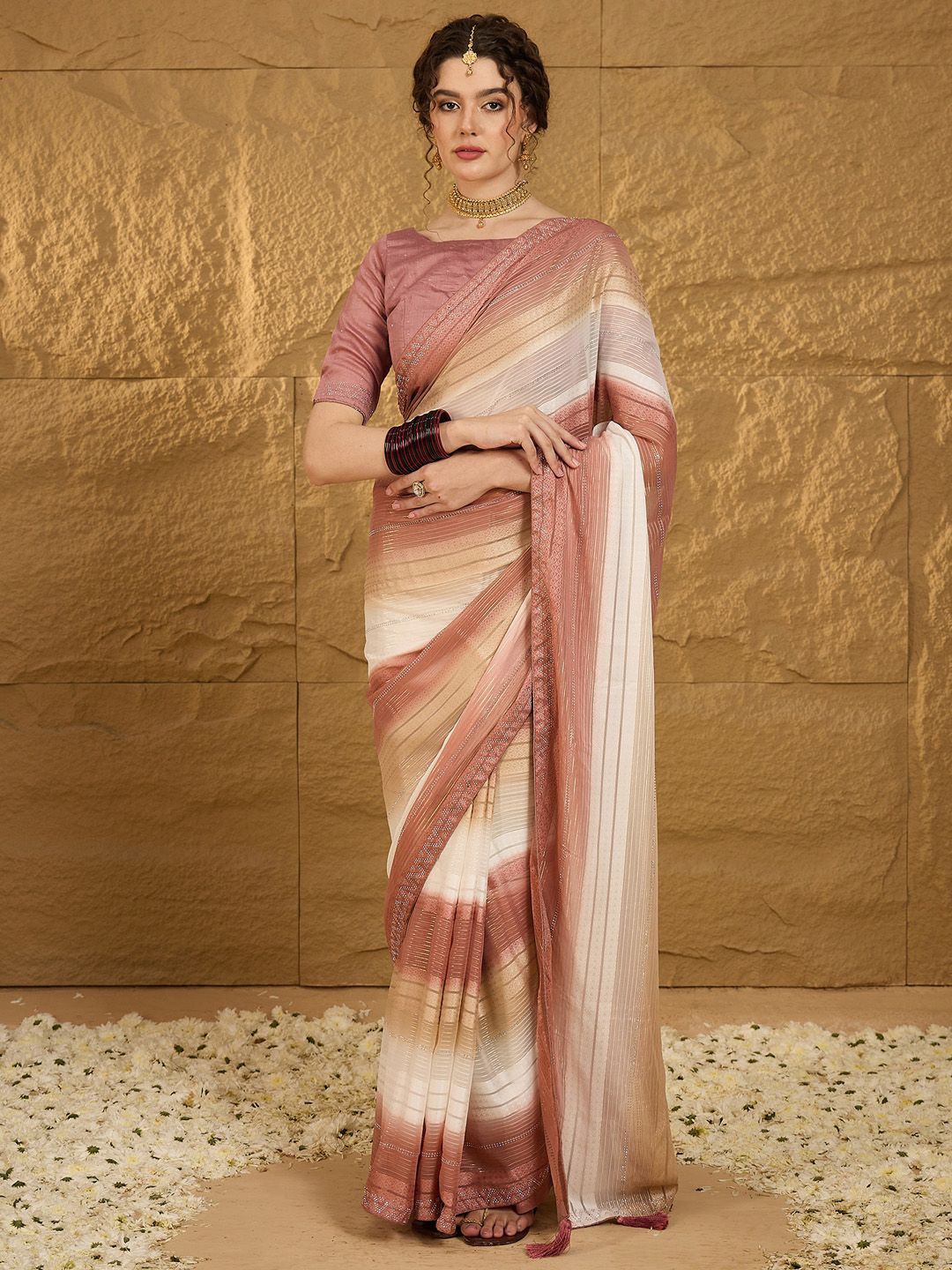 

Anouk Striped Beads and Stones Embellished Saree, Brown