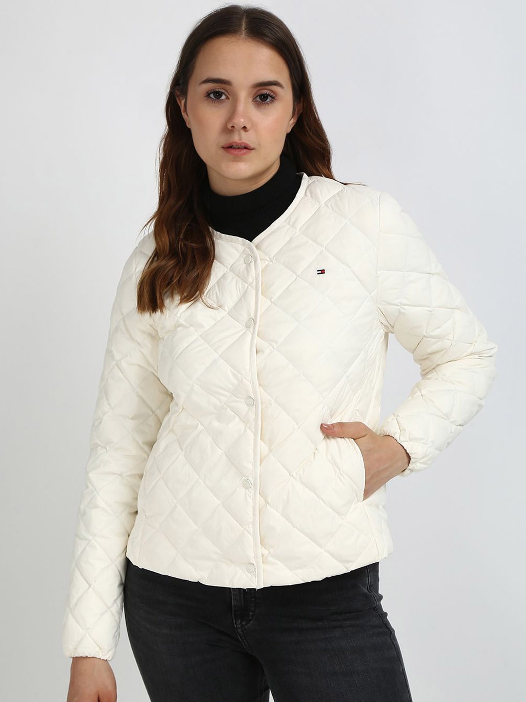 

Tommy Hilfiger Women Collarless Solid Casual Quilted Jacket, White