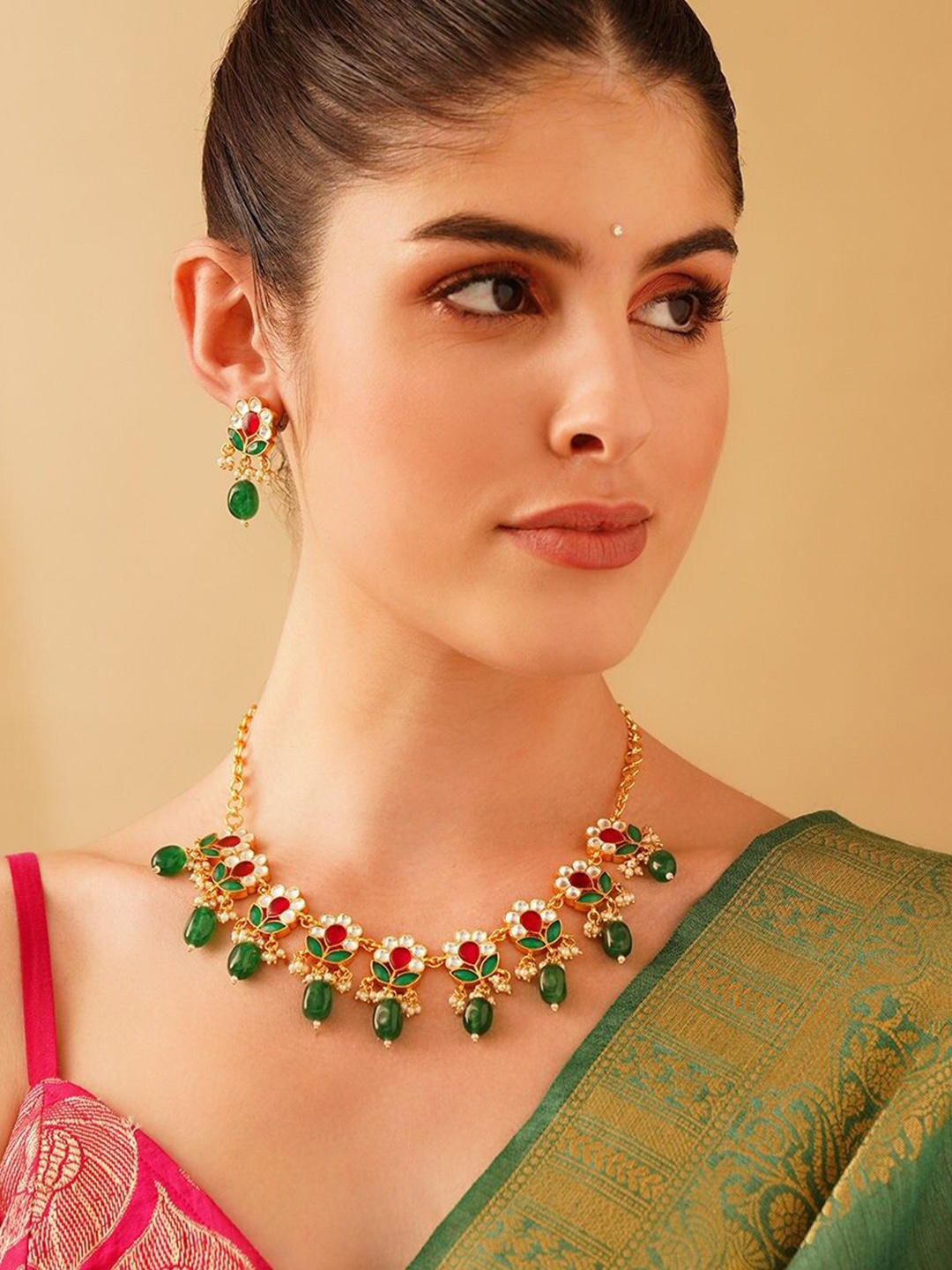 

JAYPORE Gold-Plated Stones & Beads Studded Jewellery Set