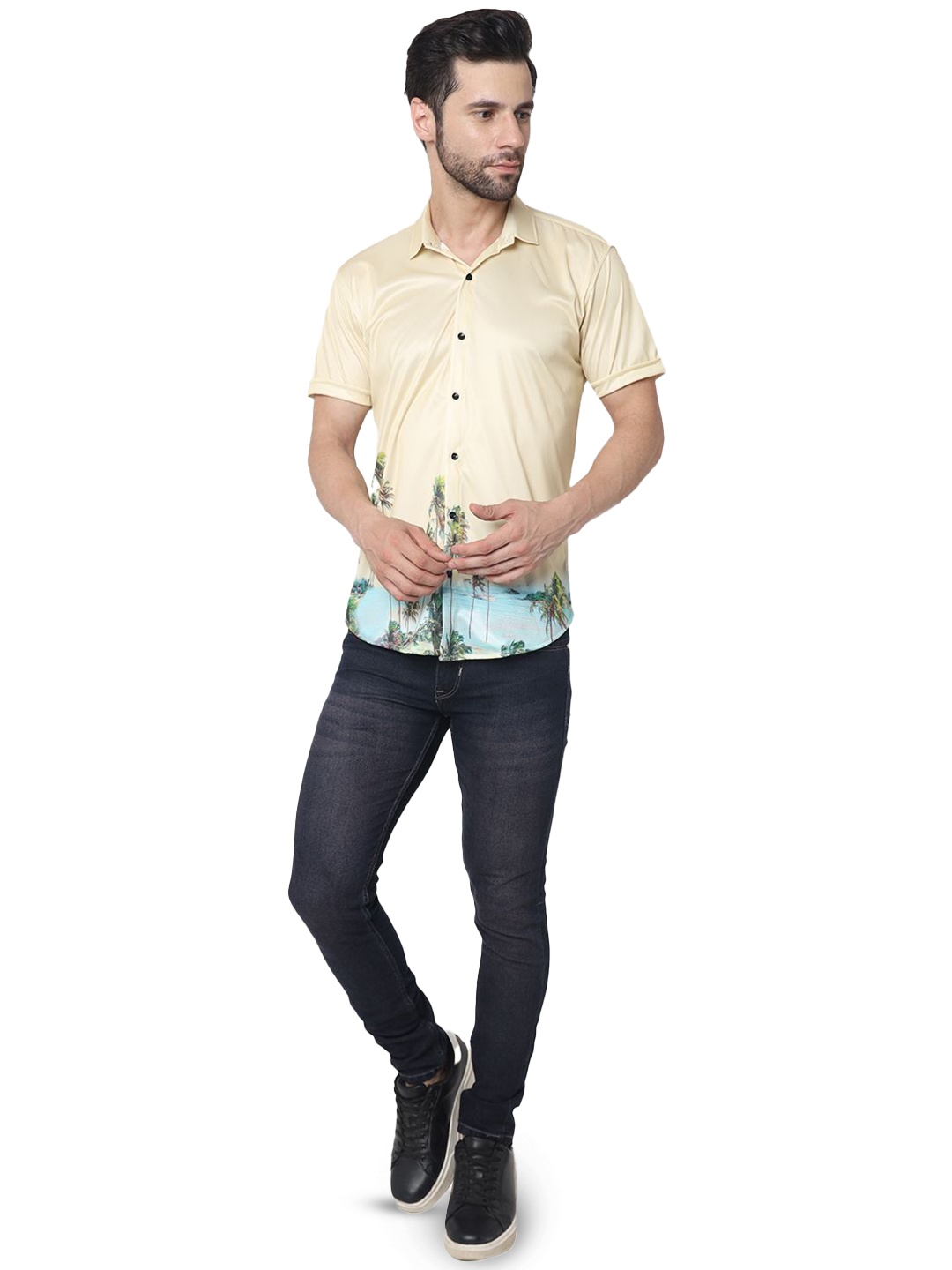 

iCome Men Spread Collar Solid Linen Blend Casual Shirt, Cream