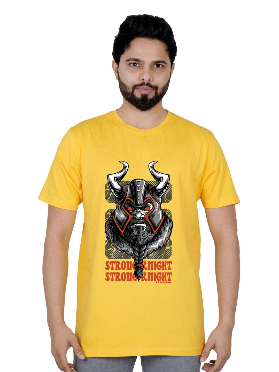 

LA MILANO Men Graphic Printed Round Neck Pure Cotton Slim Fit T-shirt, Yellow