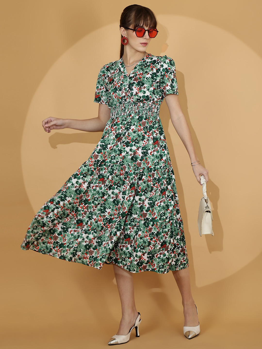 

SHEETAL Associates Floral Printed V-Neck Fit & Flare Midi Dress, White