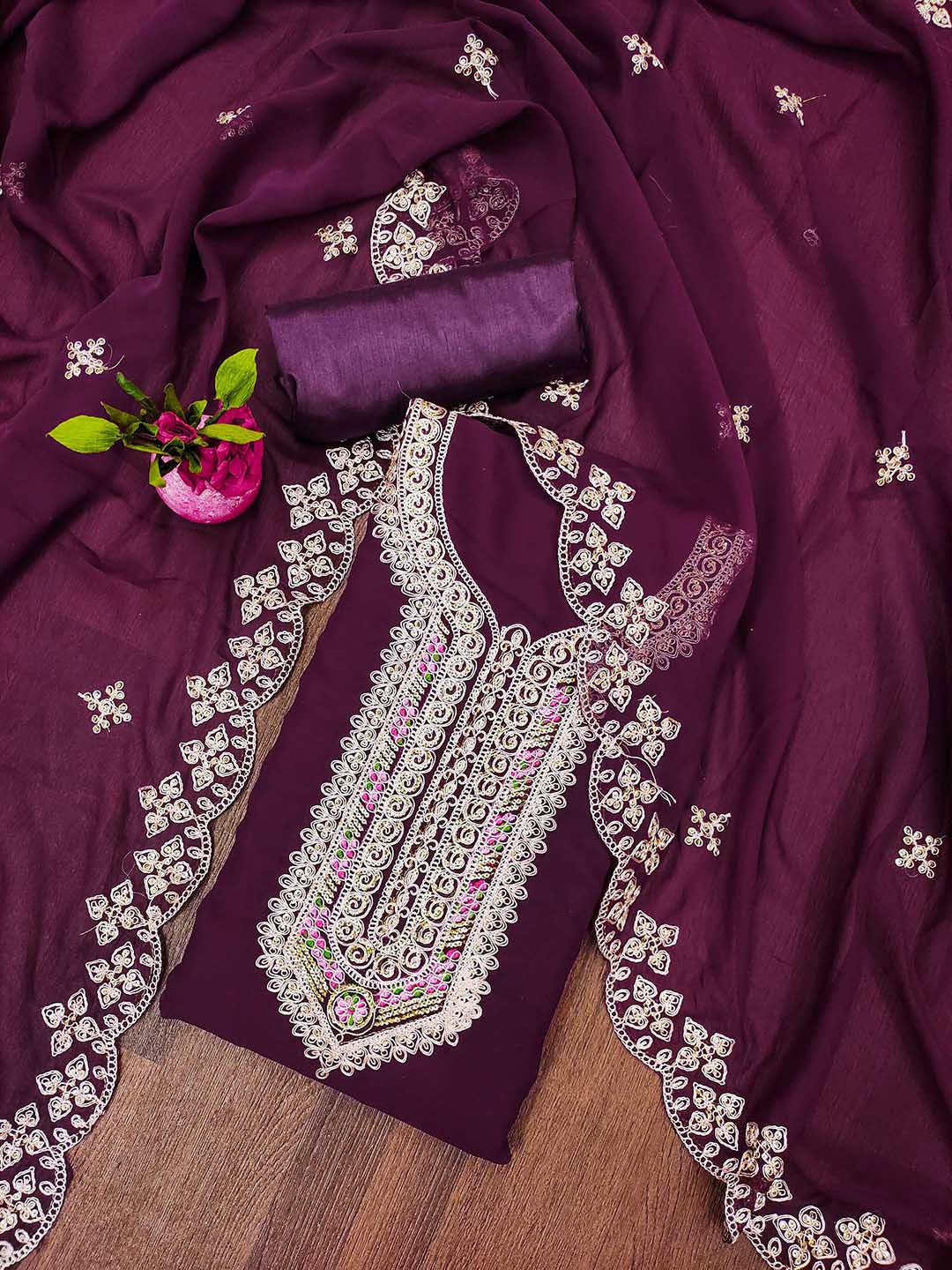 

Maroosh Floral Embellished Zari Silk Georgette Unstitched Dress Material, Purple