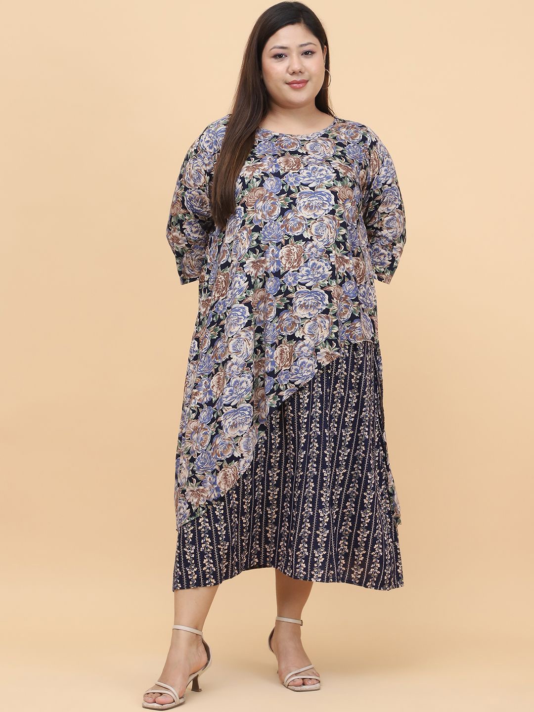 

theRebelinme Floral Print Layered A-Line Midi Dress, Navy blue