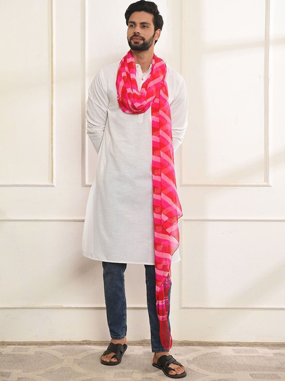 

JAYPORE Band Collar Pure Cotton Straight Kurta, Off white