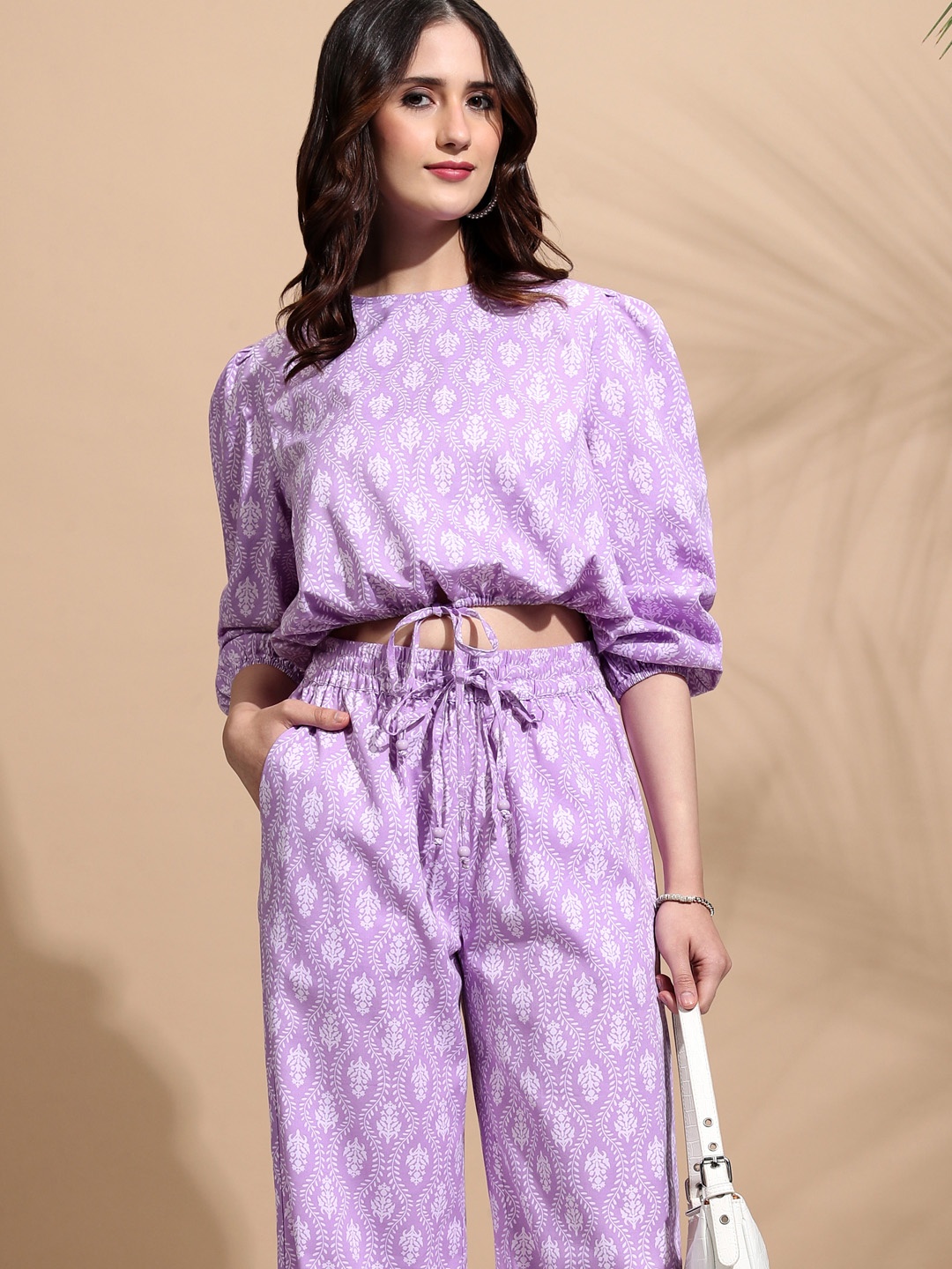 

Tokyo Talkies Ethnic Motifs Printed Round Neck Long Sleeves Crop Top With Trouser, Lavender