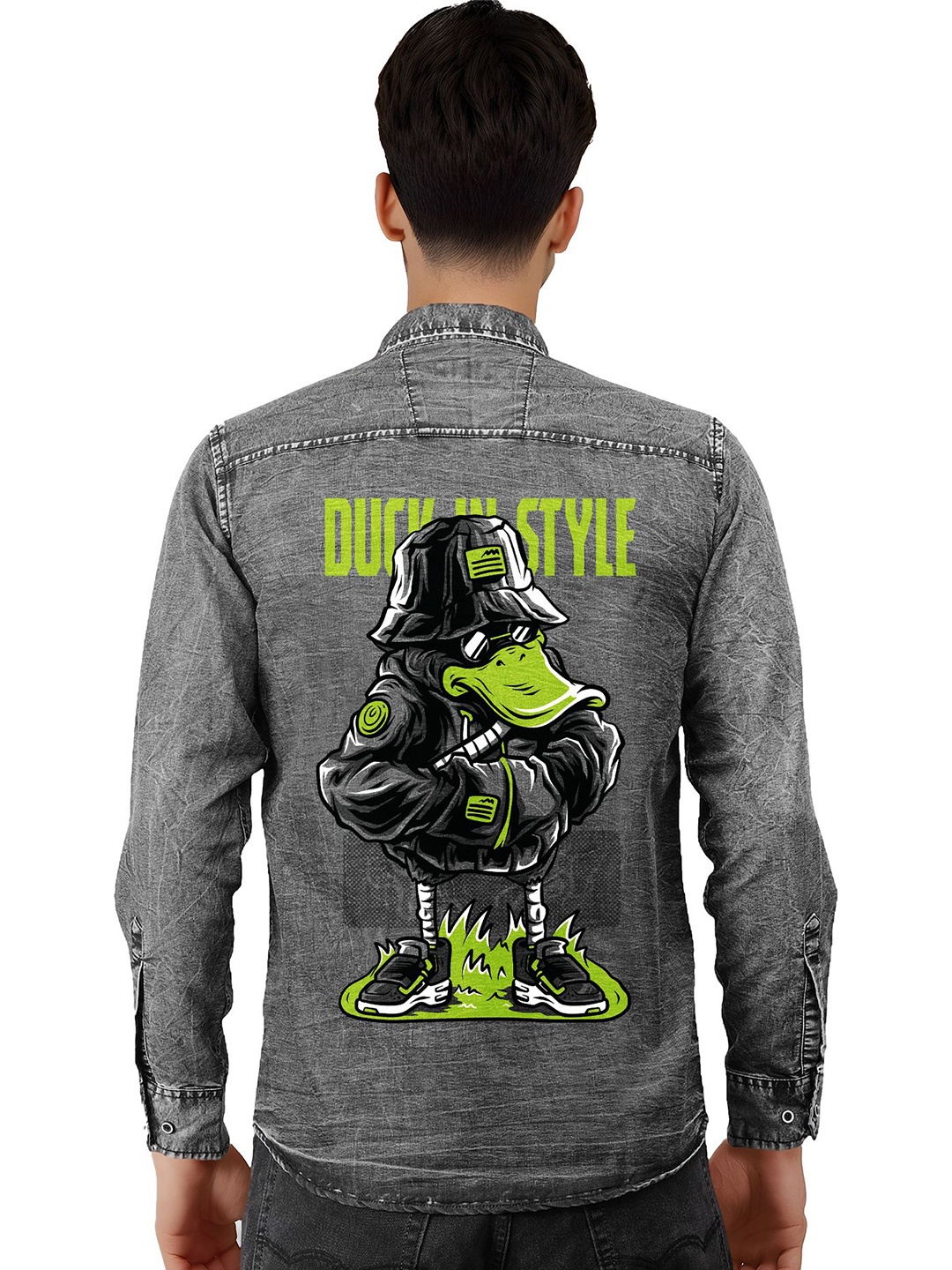 

fanideaz Men Classic Cutaway Collar Graphic Printed Denim Casual Shirt, Grey