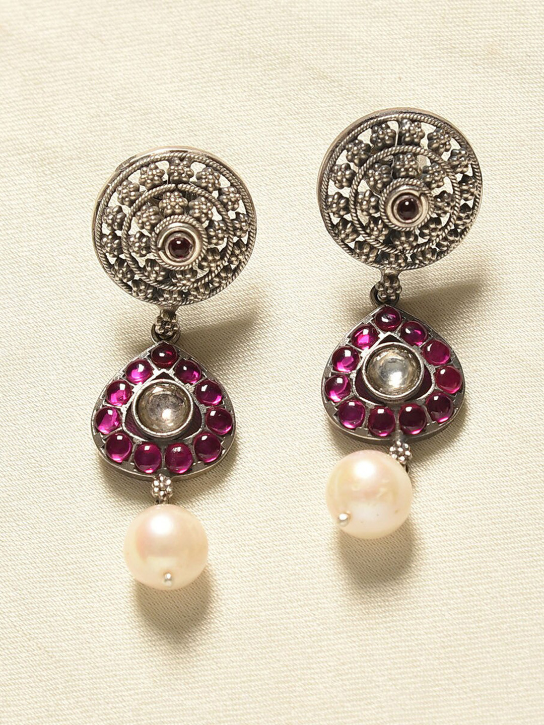 

JAYPORE Silver Contemporary Stone Studded Drop Earrings