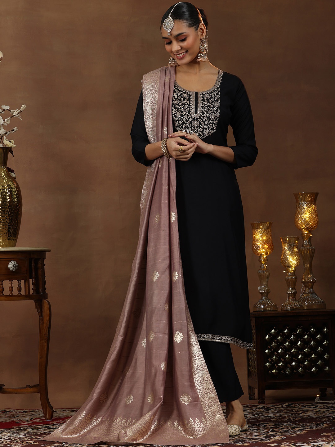 

Libas Floral Yoke Design Sequinned Straight Kurta With Trouser & Dupatta, Black