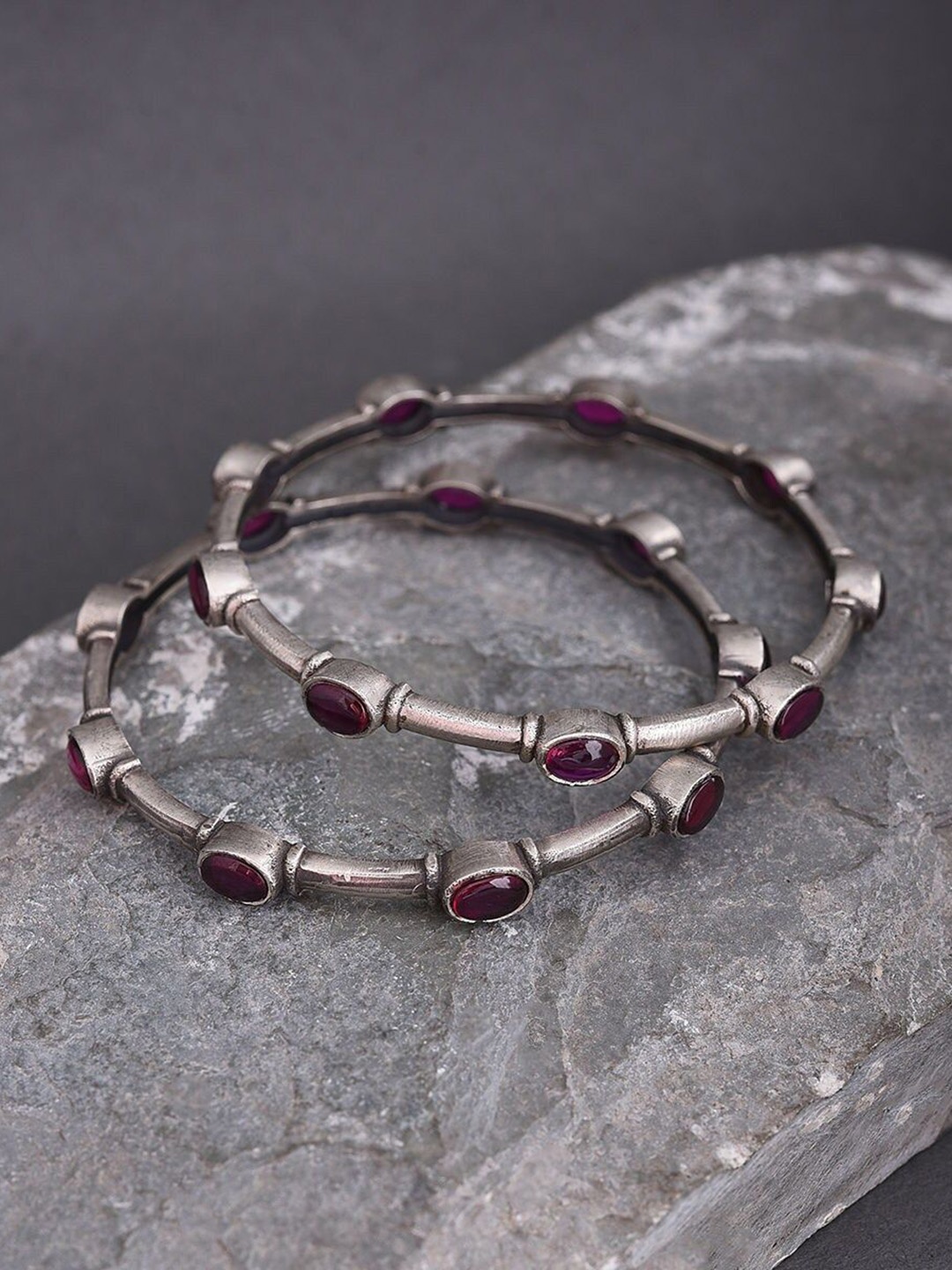 

JAYPORE Pack Of 2 Artificial Stones and Beads Studded Bangles, Silver