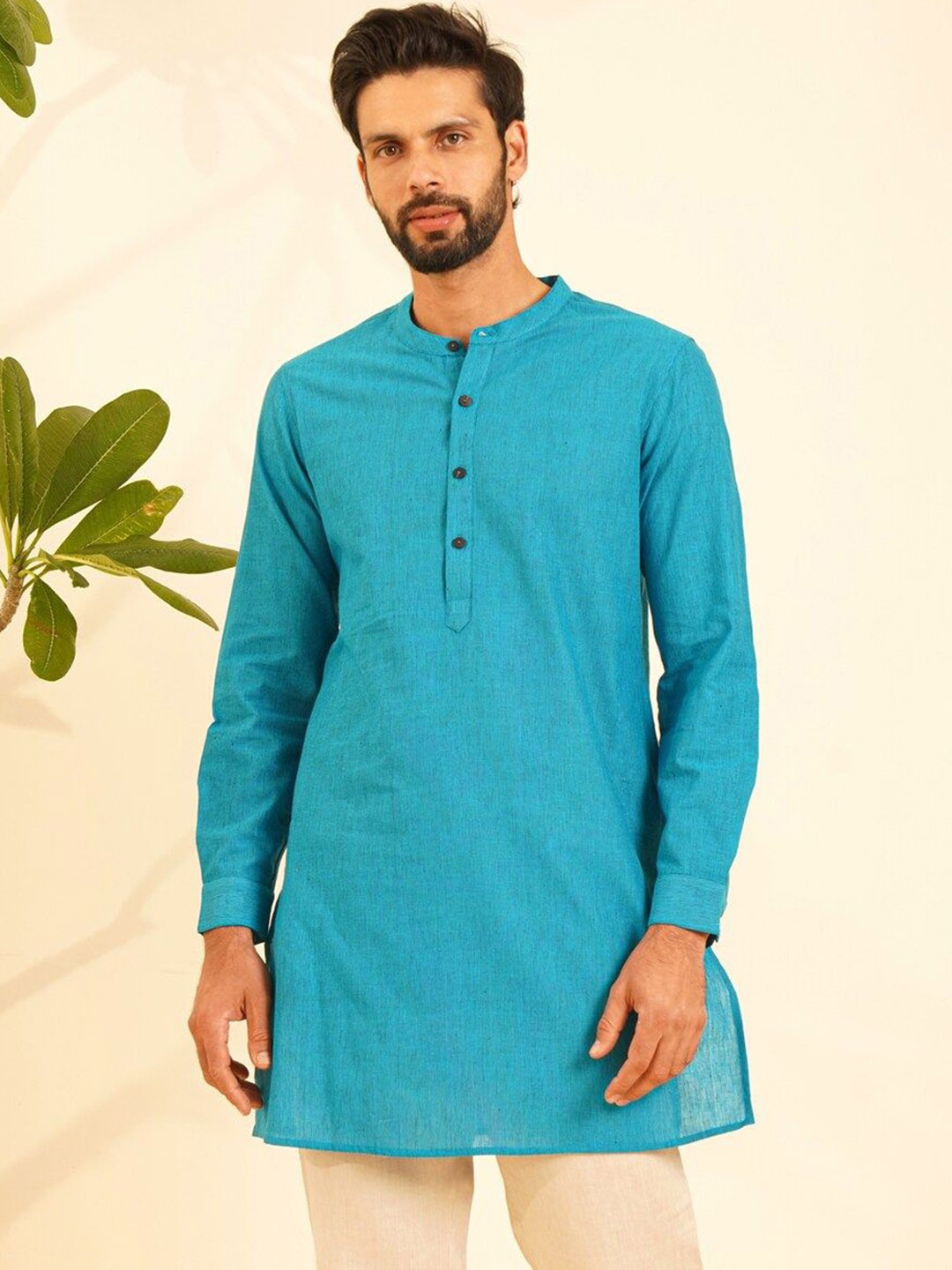 

JAYPORE Band Collar Pure Cotton Straight Kurta, Blue