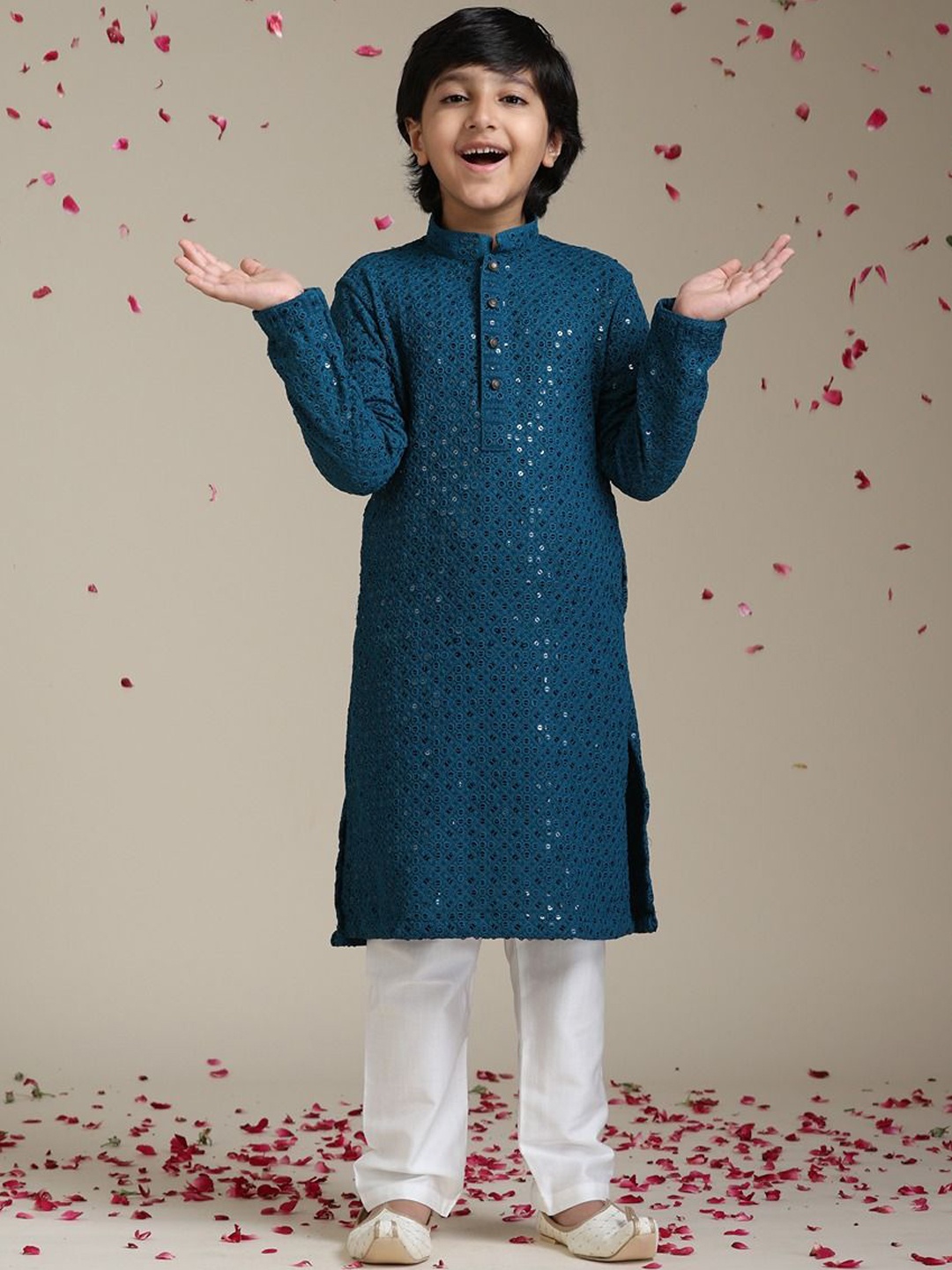 

Manyavar Boys Floral Embroidered Chikankari Straight Kurta with Trouser, Teal