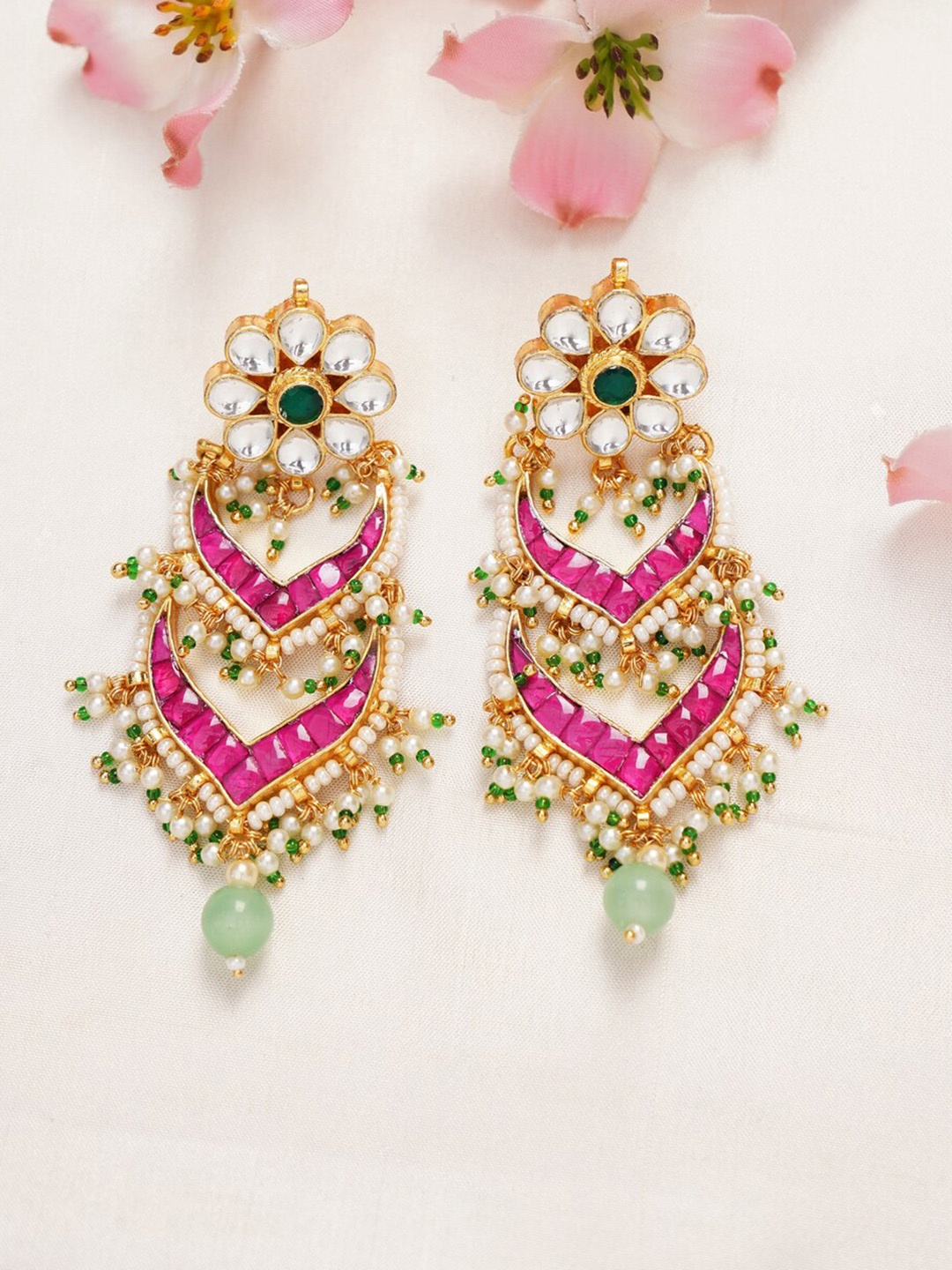 

JAYPORE Stone Studded & Beaded Contemporary Drop Earrings, Gold
