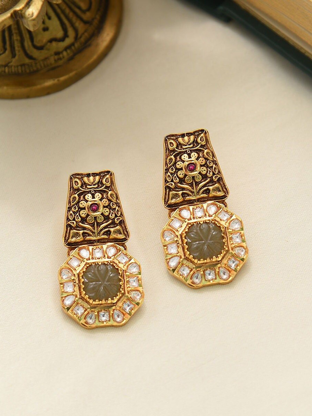 

JAYPORE Gold-Plated Contemporary Stone Studded Drop Earrings