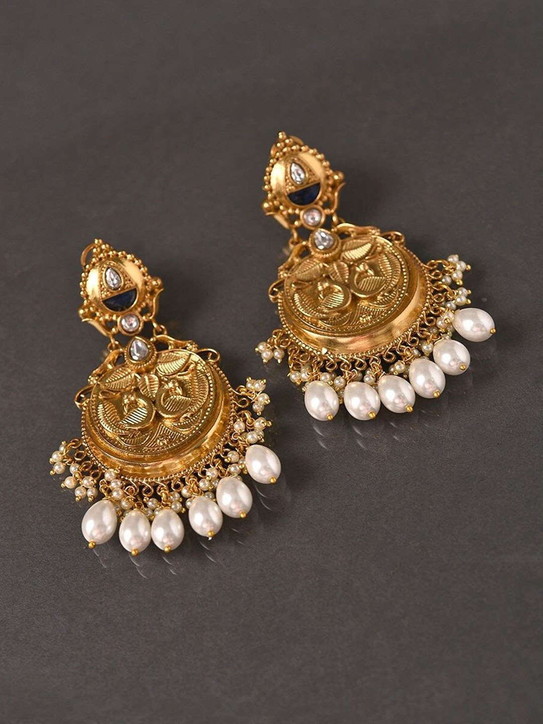 

JAYPORE Stone Studded & Beaded Contemporary Drop Earrings, Gold