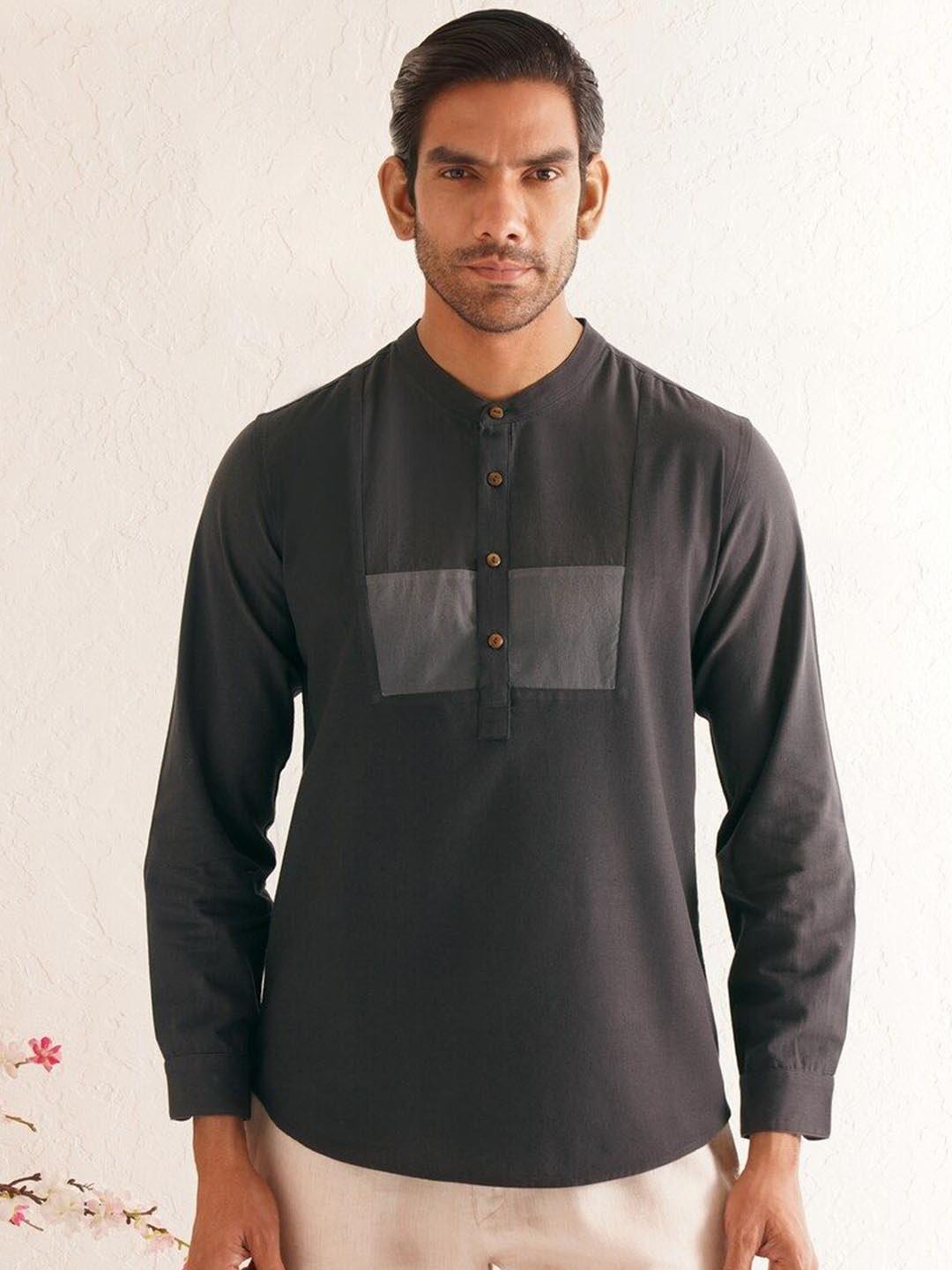 

JAYPORE Band Collar Pure Cotton Straight Kurta, Black