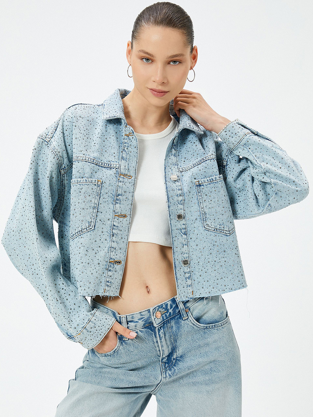 

Koton Women Spread Collar Solid Cotton Casual Denim Jacket, Turquoise blue