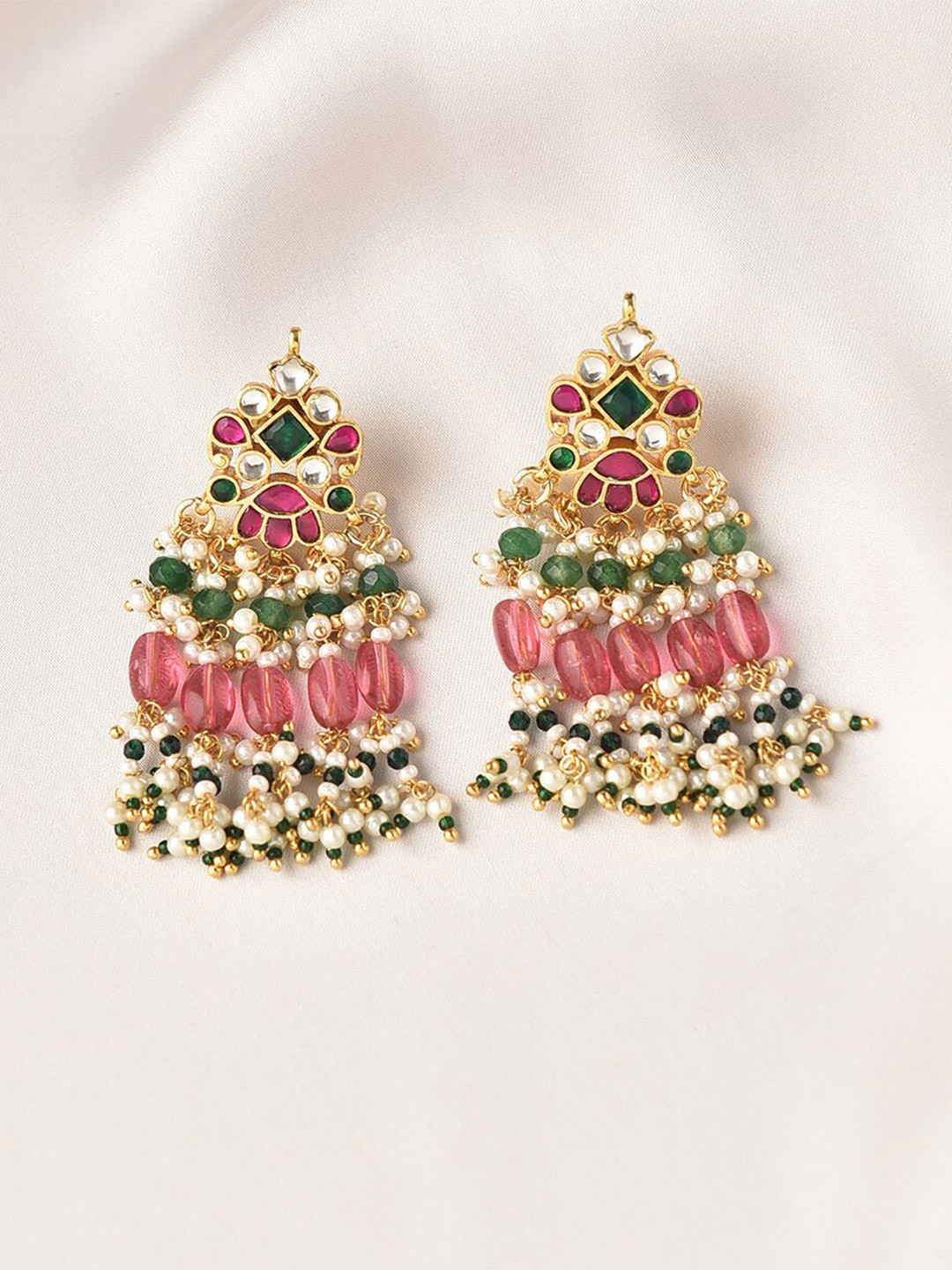 

JAYPORE Stone Studded & Beaded Contemporary Drop Earrings, Gold
