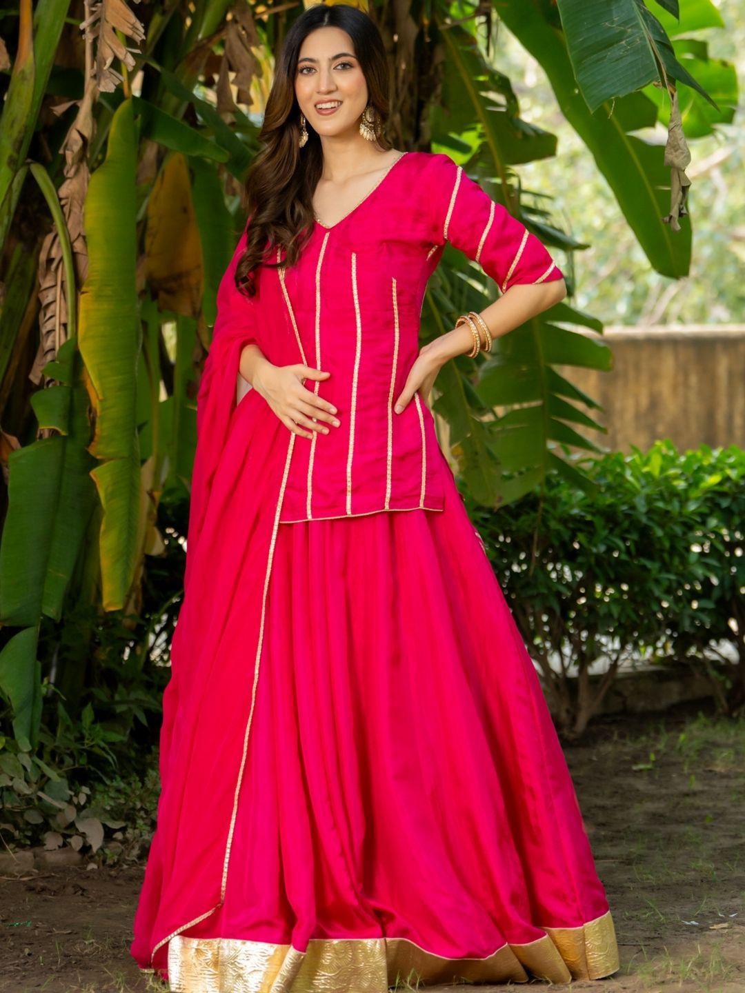 

HOUSE OF JAMOTI Embroidered Thread Work Ready to Wear Lehenga & Blouse With Dupatta, Pink