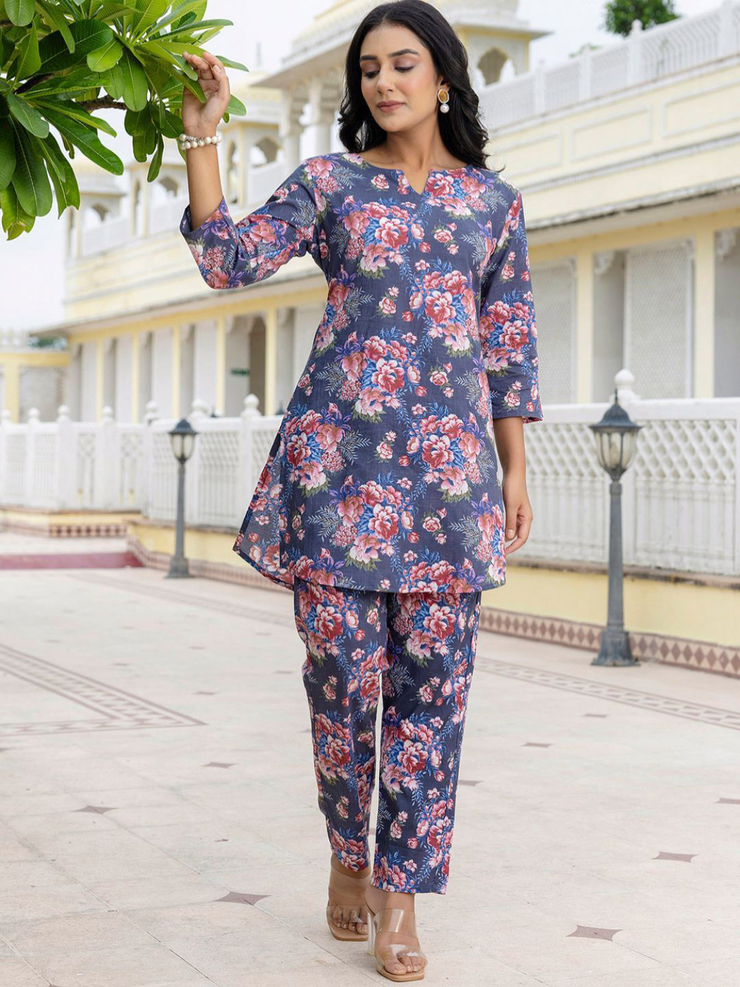 

FERANOID Floral Printed Pure Cotton Top With Trouser Co-Ords, Blue