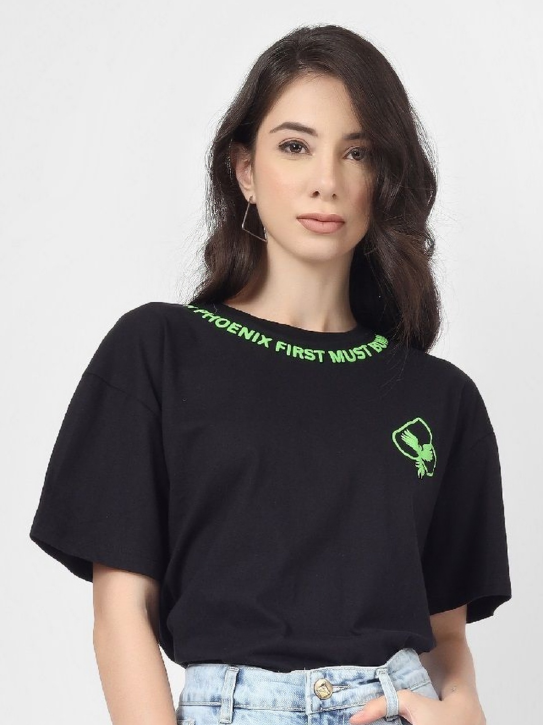 

FILLY Women Typography Printed Round Neck Cotton Oversized T-shirt, Black