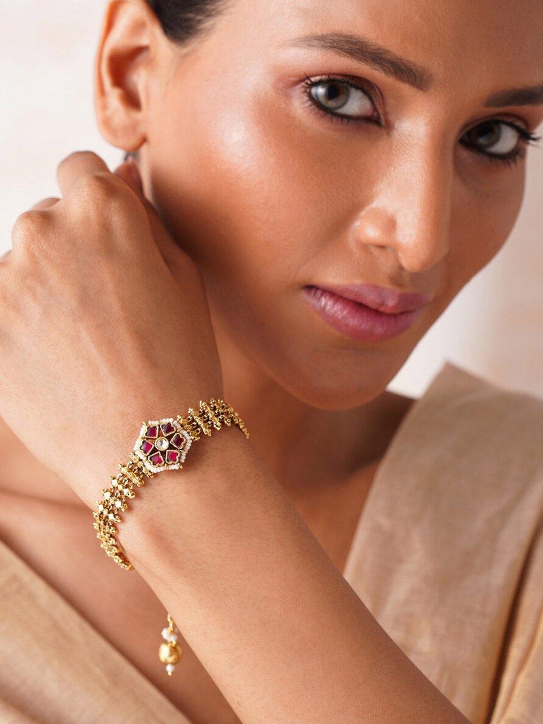 

JAYPORE Gold-Plated Stone Studded & Beaded Wraparound Bracelet