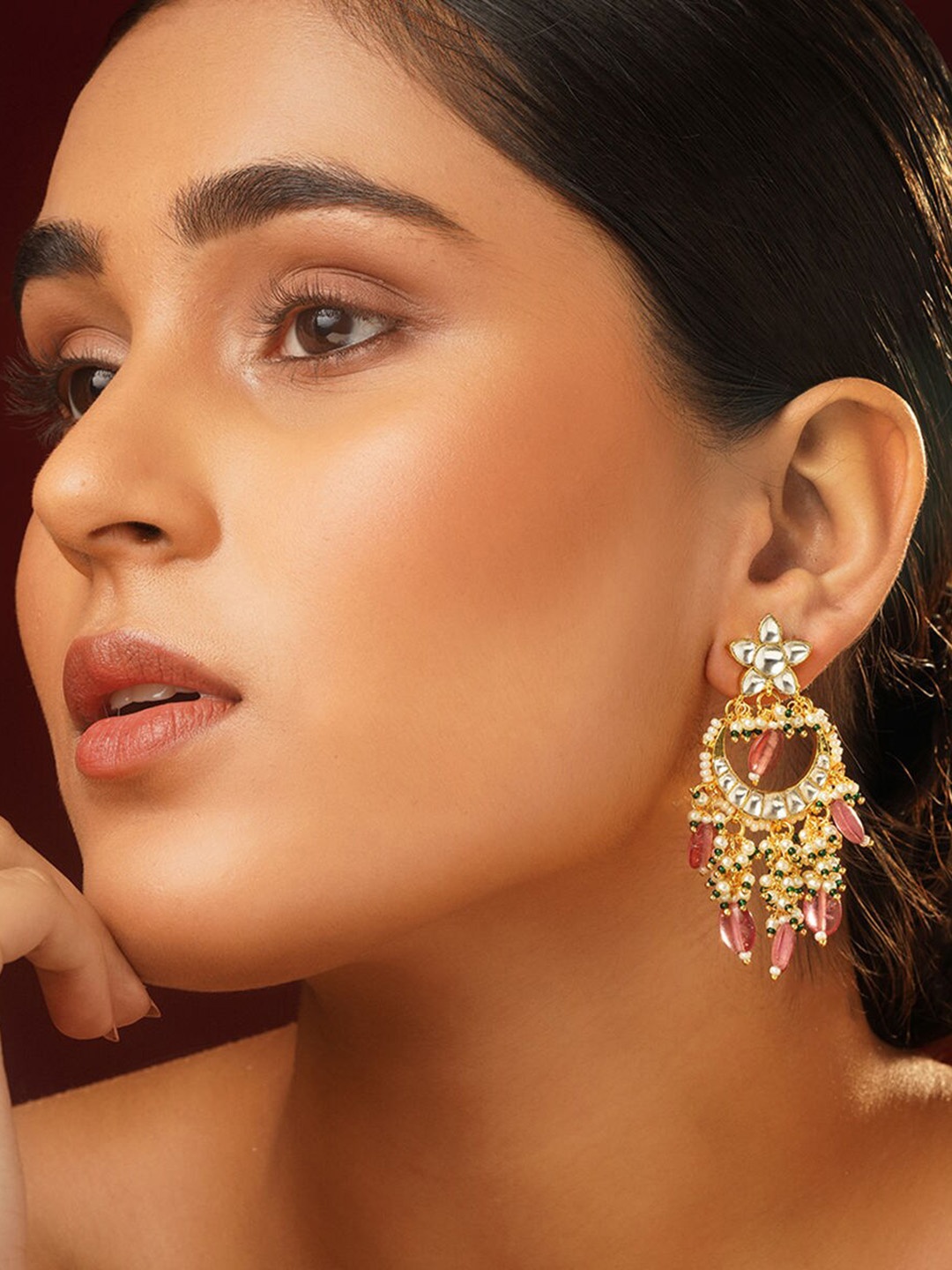 

JAYPORE Gold-Plated Contemporary Kundan Stud Drop Earrings