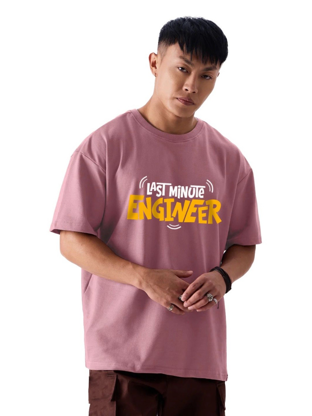 

fanideaz Men Cotton Solid Typography Printed Oversized T-shirt, Peach