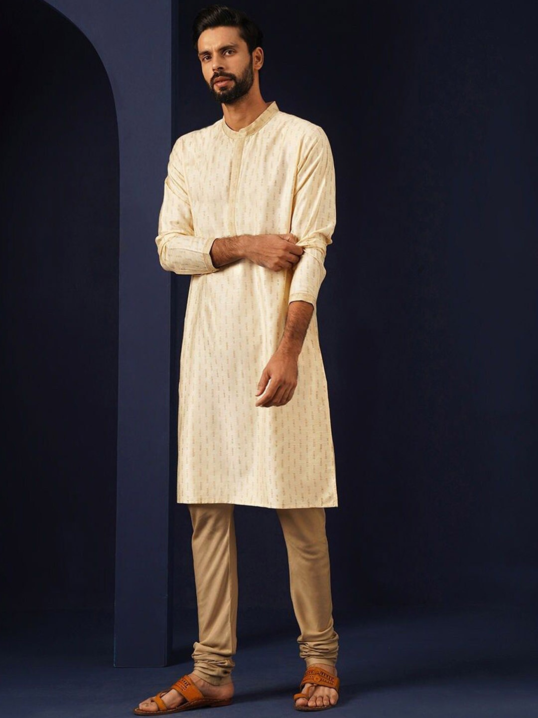 

JAYPORE Striped Mandarin Collar Straight Kurta, Off white