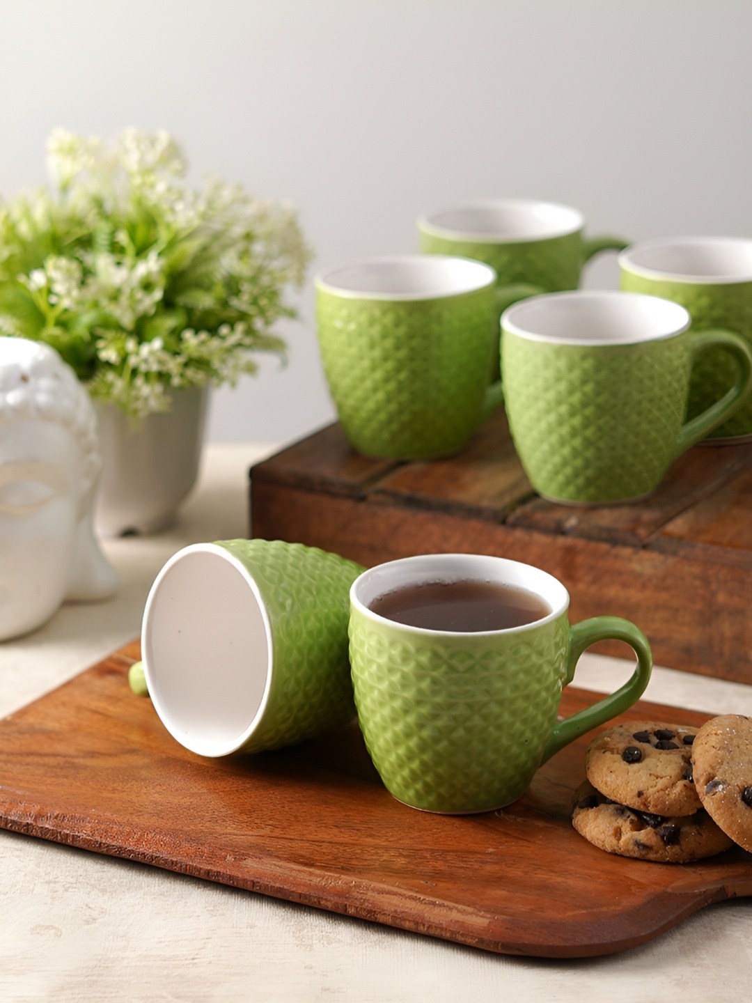 

CDI Green & White 6 Pieces Textured Ceramic Glossy Emobossed Cups and Mugs