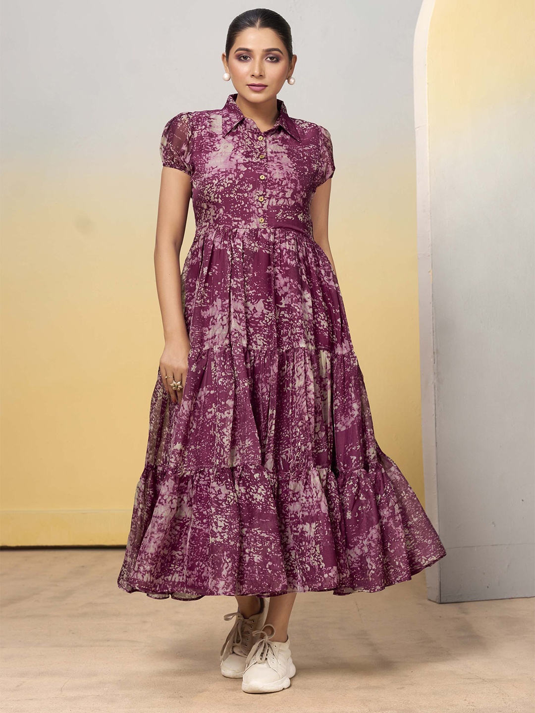 

MADHAVPRIYA Floral Print Puff Sleeve Fit & Flare Midi Dress, Burgundy