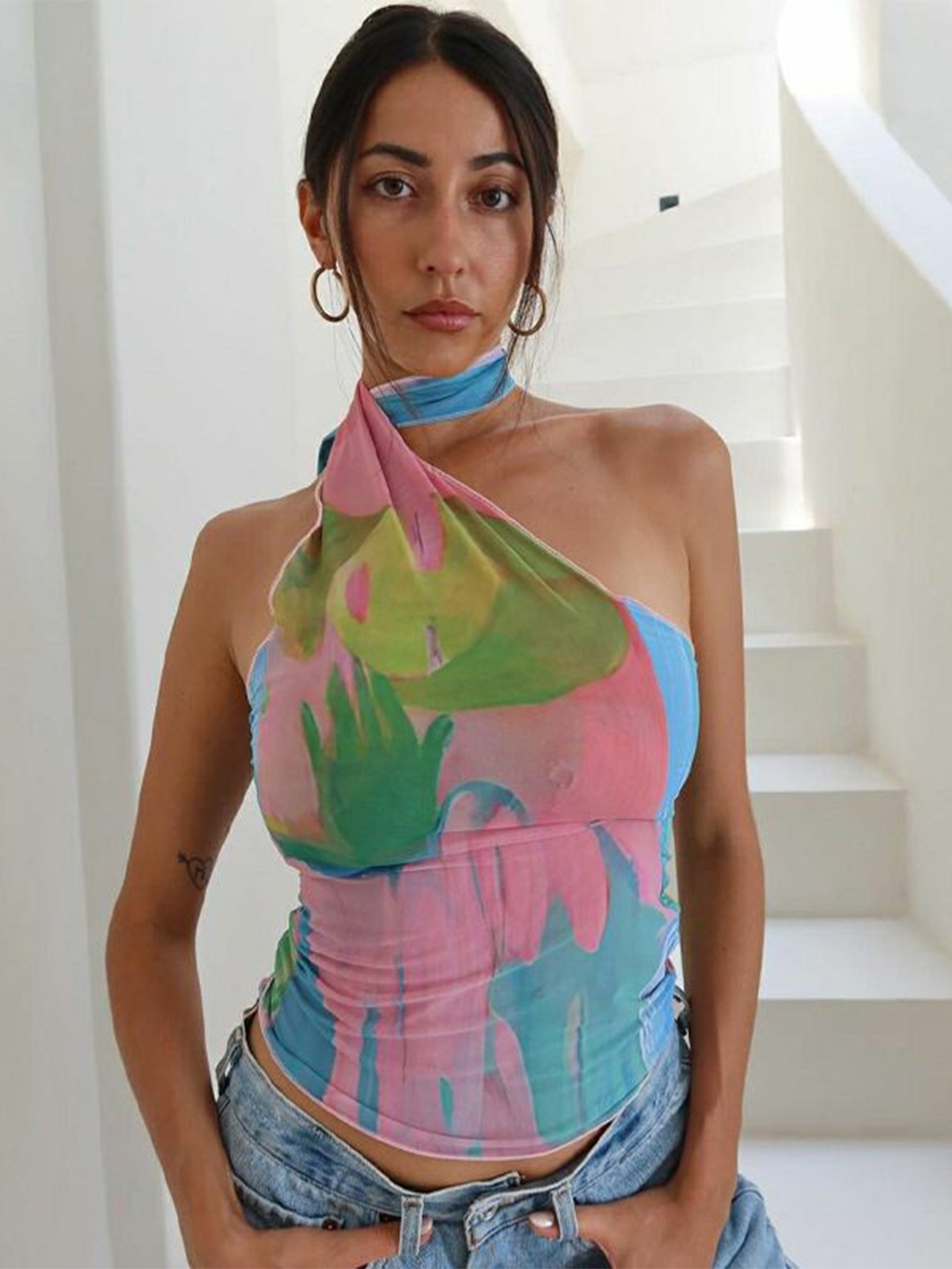 

MIAKEE Abstract Print One Shoulder Top, Pink
