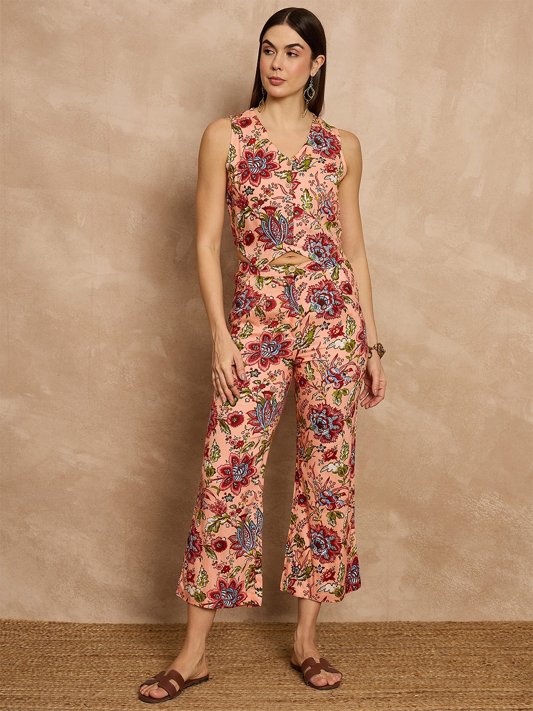 

all about you Floral Printed V-Neck Sleeveless Waistcoat With Trouser, Peach