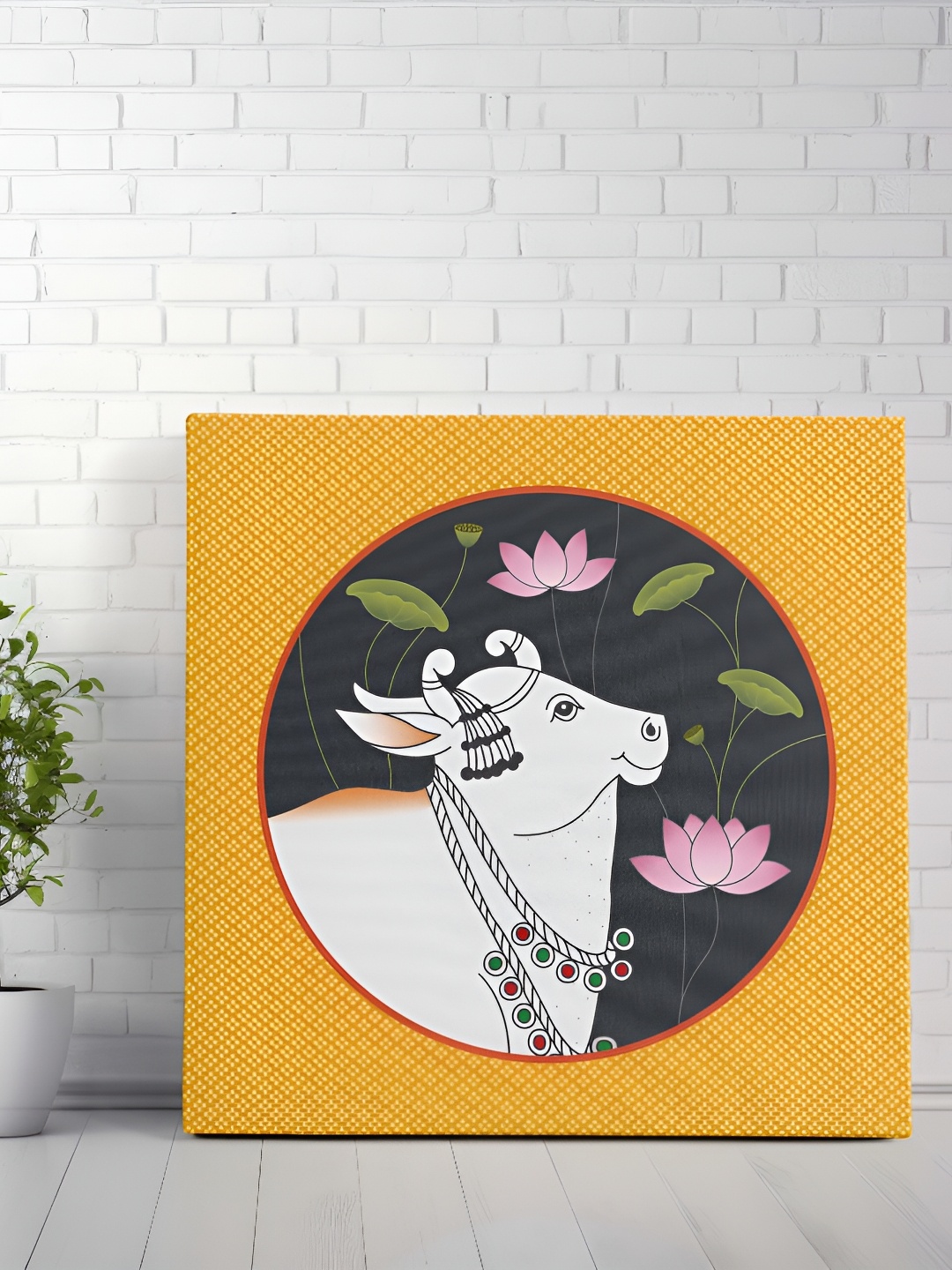 

EDEALS Yellow & Black Wooden Framed Pichwai Cow Wall Art Painting