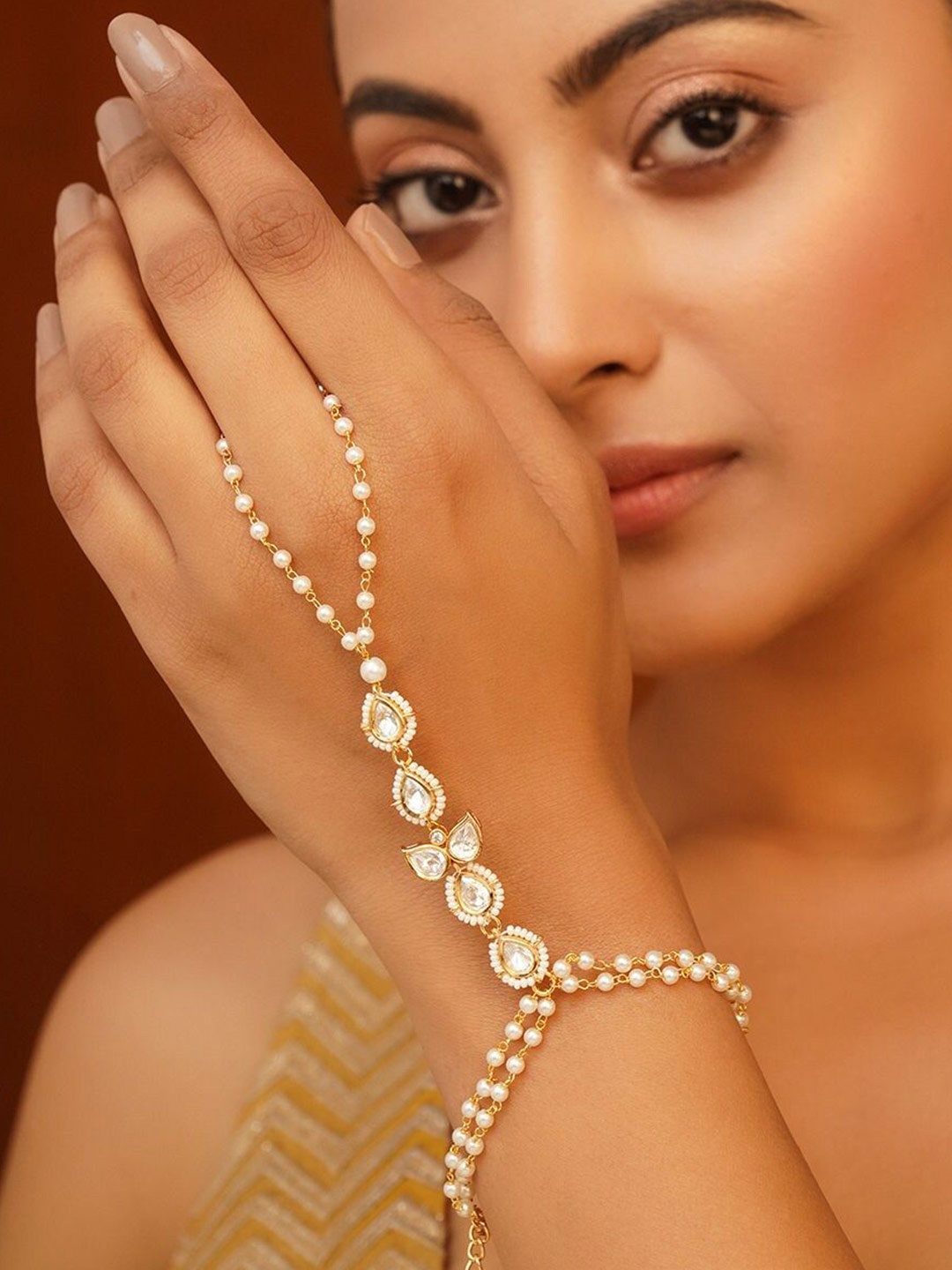 

JAYPORE Gold-Plated Kundan Studded Ring Bracelet